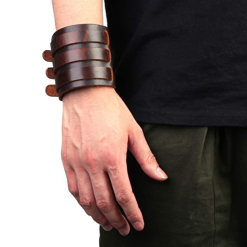 STWTR Men's leather broadband Cuff Bracelet guard wristband alloy fastening armor cuffs (Brown-2.7 inches wide) - Image 5